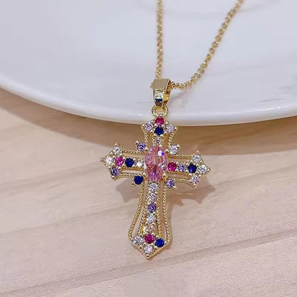 Women Hip Hop Zircon Cross Shiny Pendant Stainless Steel Necklace